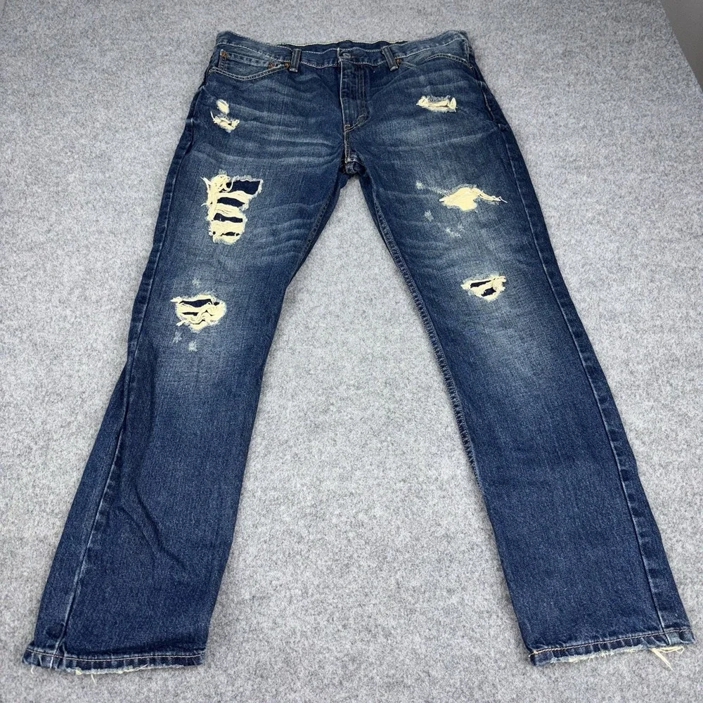 Levi's 511 Slim Fit Jeans Men's 38x32 Blue Distressed Ripped Dark Wash Denim EUC